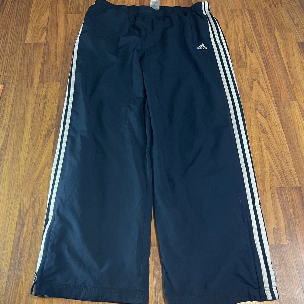 Adidas Track Pants Mens XL Navy Blue Nylon Wide Leg Windbreaker 3 Stripe P90489